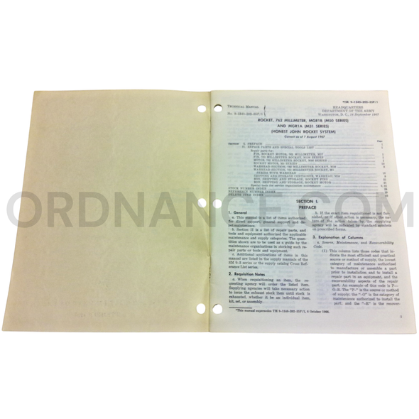 Technical Manual (TM 9-1340-202-35P/1) for 762mm MGR-1A/M31 Series and MGR-1B/M50 Series "Honest John" Rockets September 1967