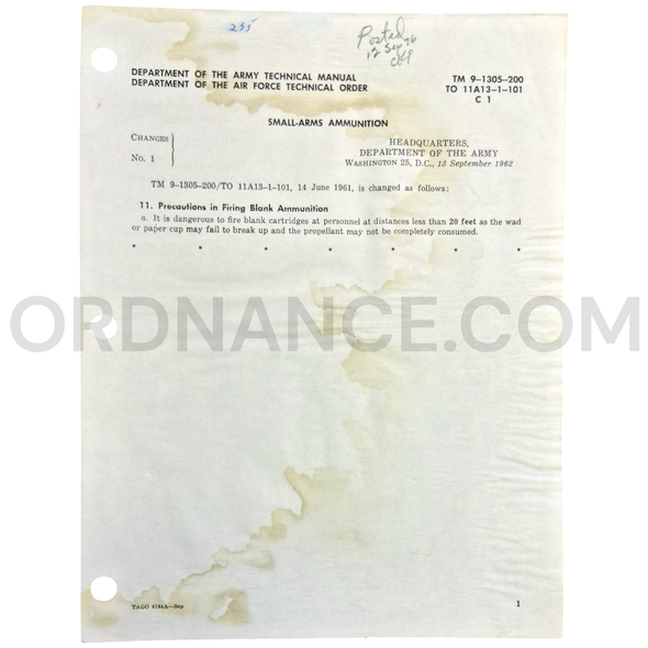 Technical Manual Change 1 (TM 9-1305-200) for Small-Arms Ammunition September 1962