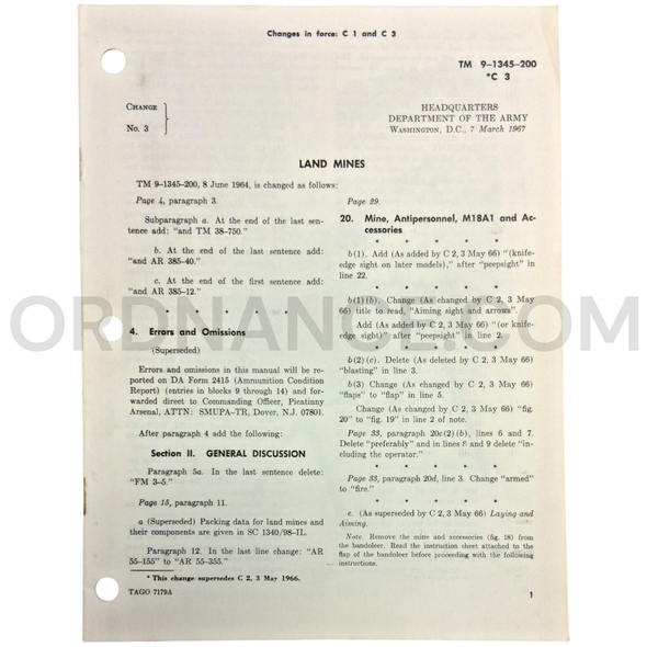 Technical Manual Change 3 (TM 9-1345-200) for Land Mines March 1967