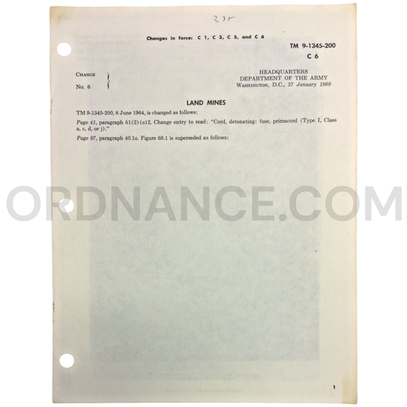 Technical Manual Change 6 (TM 9-1345-200) for Land Mines January 1969
