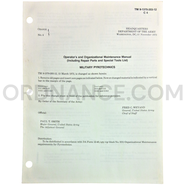 Technical Manual Change 4 (TM 9-1370-203-12) for Military Pyrotechnics November 1975