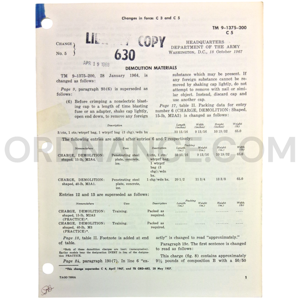 Technical Manual Change 5 (TM 9-1375-200) for Demolition Materials October 1967