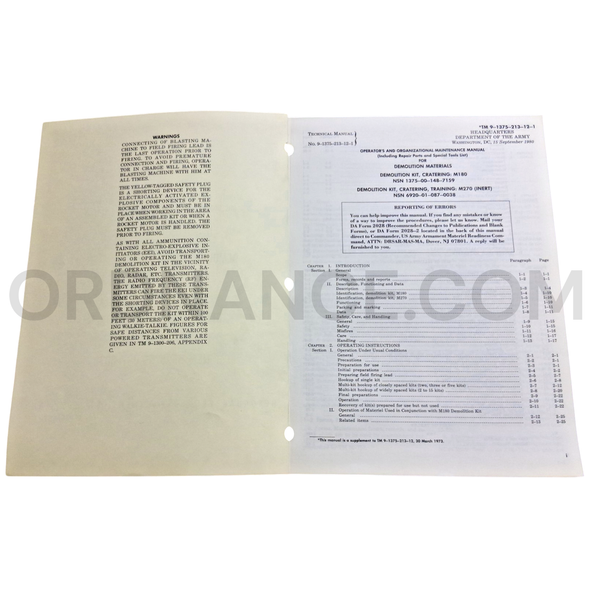 Technical Manual (TM 9-1375-213-12-1) for M180 and M270 Cratering Demolition Kits September 1980 NSN 1375-00-148-7159
