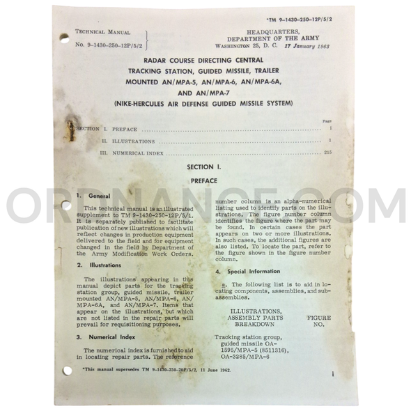 Technical Manual (TM 9-1430-250-12P/5/2) for AN/MPA-5, AN/MPA-6, AN/MPA-6A, and AN/MPA-7 Nike Hercules Guided Missile Tracking Station Group January 1963