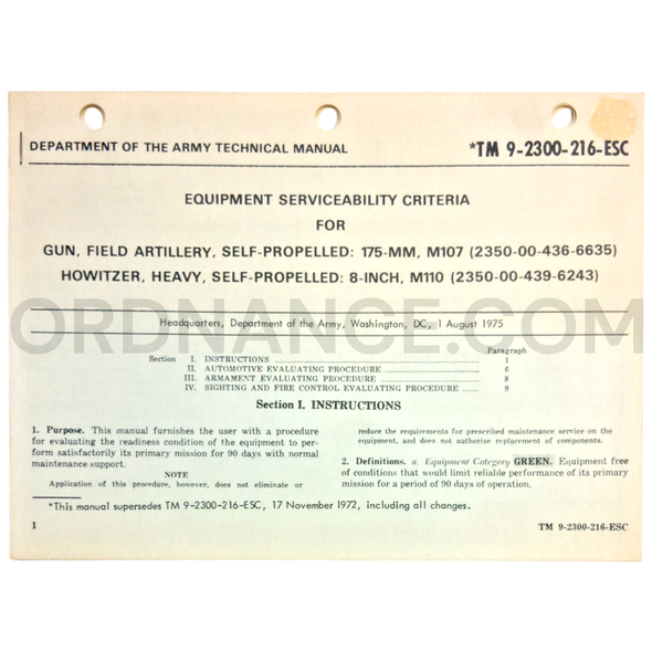 Technical Manual (TM 9-2300-216-ESC) for 175mm M107 Self Propelled Field Artillery Gun and 8-Inch M110 Self Propelled Howitzer August 1975 NSN 2350-00-436-6635