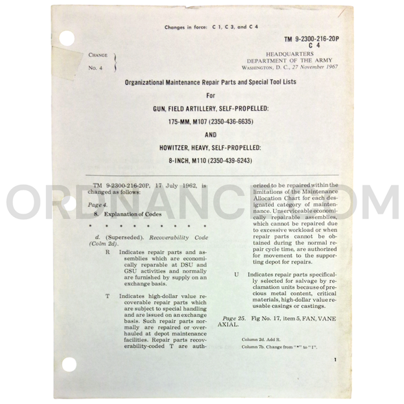 Technical Manual Change 4 (TM 9-2300-216-20P) for 175mm M107 Self Propelled Field Artillery Gun and 8-Inch M110 Self Propelled Howitzer November 1967 FSN 2350-436-6635