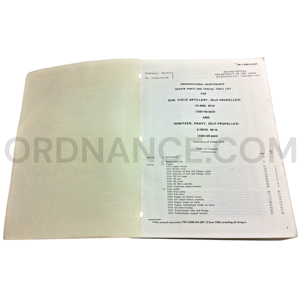 Technical Manual (TM 9-2300-216-20P) for 175mm M107 Self Propelled Field Artillery Gun and 8-Inch M110 Self Propelled Howitzer December 1973 FSN 2350-436-6635