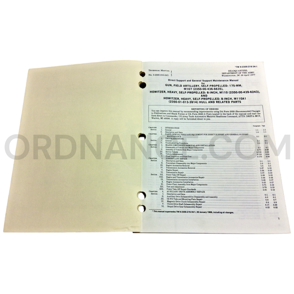 Technical Manual (TM 9-2300-216-34-1) for 175mm M107 Self Propelled Field Artillery Gun and 8-Inch M110 / M110A1 Self Propelled Howitzer April 1977 NSN 2350-00-436-6635