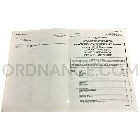 Technical Manual (TM 9-2300-216-34/3) for 175mm M113 / M113A1 Gun Cannon, 8-Inch M2A2 Howitzer Cannon, and M158 Mount October 1971