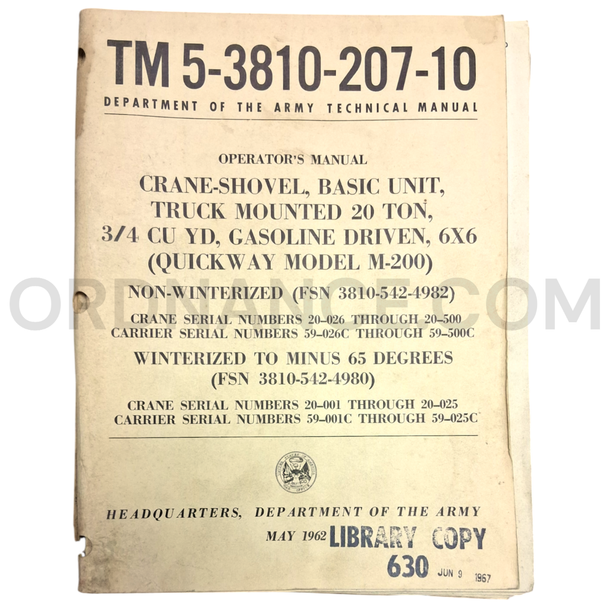 Technical Manual (TM 5-3810-207-10) for Quickway Model M-200 Crane-Shovel May 1962 FSN 3810-542-4982