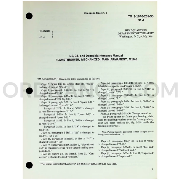 Technical Manual Change 4 (TM 3-1040-209-35) for M10-8 Mechanized Flame Thrower July 1970