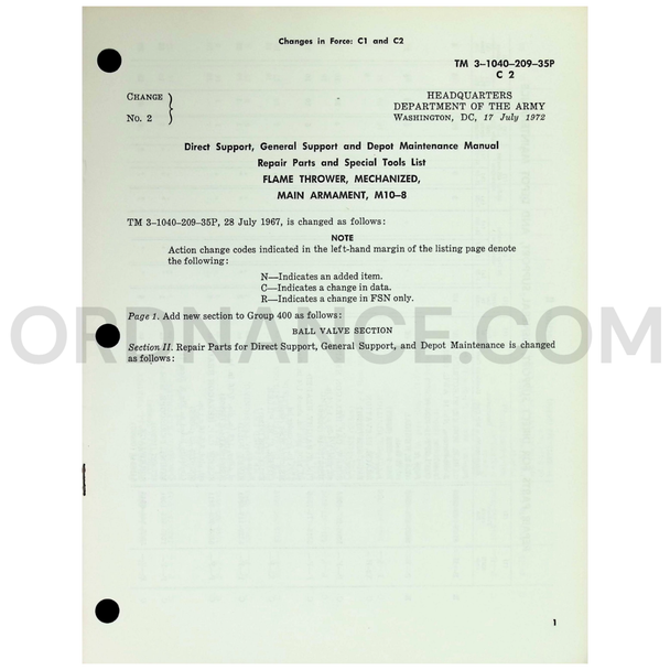 Technical Manual Change 2 (TM 3-1040-209-35P) for M10-8 Mechanized Flame Thrower July 1972