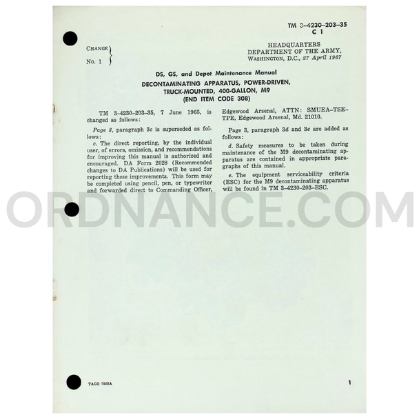 Technical Manual Change 1 (TM 3-4230-203-35) for Truck Mounted Decontaminating Apparatus M9 April 1967