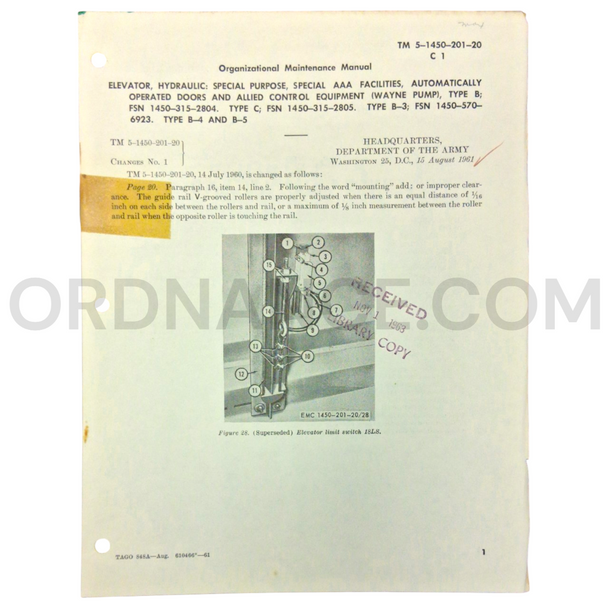 Technical Manual Change 1 (TM 5-1450-201-20) for Hydraulic Elevator August 1961 FSN 1450-315-2804