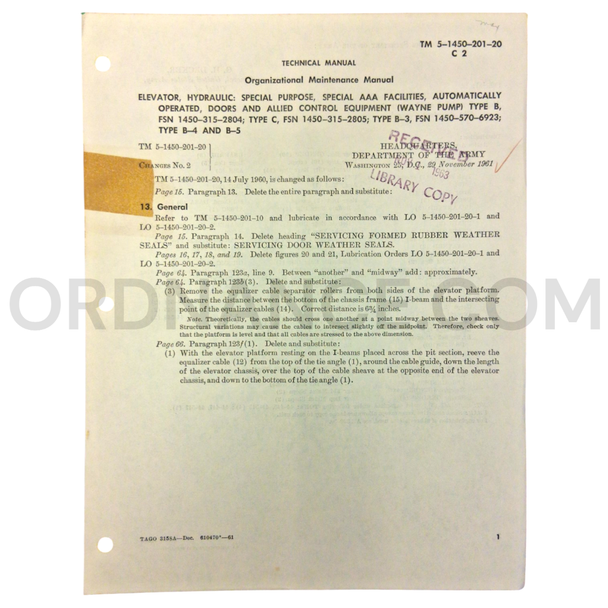 Technical Manual Change 2 (TM 5-1450-201-20) for Hydraulic Elevator November 1961 FSN 1450-315-2804