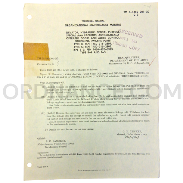 Technical Manual Change 3 (TM 5-1450-201-20) for Hydraulic Elevator August 1962 FSN 1450-315-2804