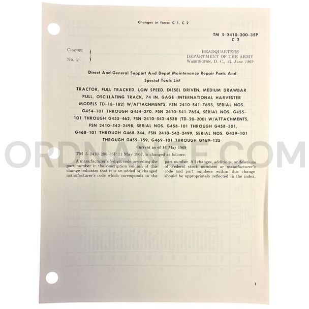 Technical Manual Change 2 (TM 5-2410-200-35P) for Low-Speed Full-Tracked Tractor June 1969 FSN 2410-541-7655
