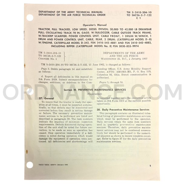 Technical Manual Change 1 (TM 5-2410-204-10) for Caterpillar Model D-8 Tractor January 1963 FSN 2410-542-4881