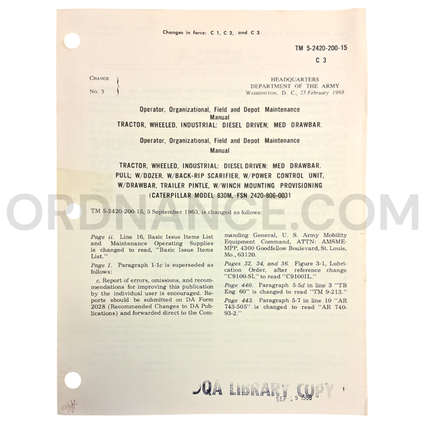 Technical Manual Change 3 (TM 5-2420-200-15) for Caterpillar Model 830M Tractor February 1968 FSN 2420-800-0031