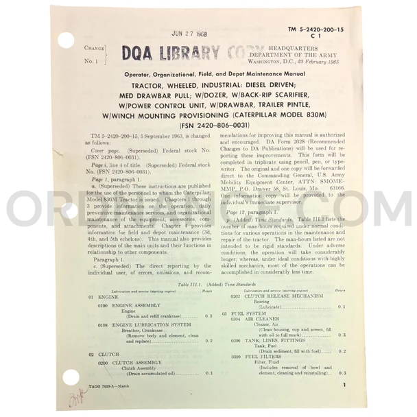 Technical Manual Change 1 (TM 5-2420-200-15) for Caterpillar Model 830M Tractor February 1965 FSN 2420-806-0031