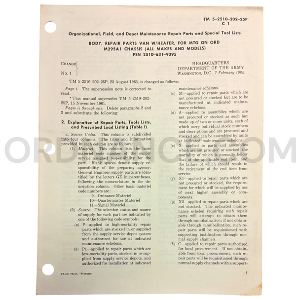 Technical Manual Change 1 (TM 5-2510-202-25P) for M295A1 Chassis Body February 1964 FSN 2510-631-9395