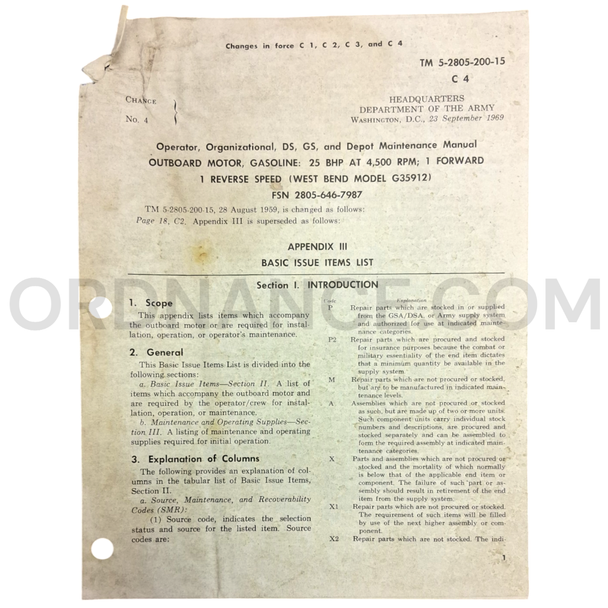 Technical Manual Change 4 (TM 5-2805-200-15) for West Bend Model G35912 Gasoline Outboard Motor September 1969 FSN 2805-646-7987