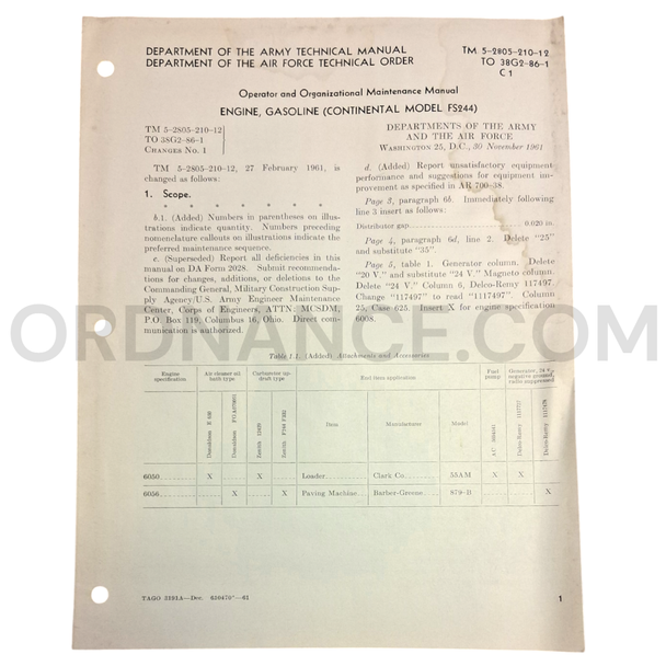 Technical Manual Change 1 (TM 5-2805-210-12) for Continental Model FS244 Gasoline Engine November 1961