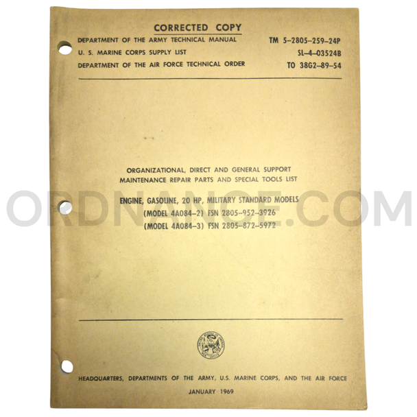 Technical Manual (TM 5-2805-259-24P) for MS Model 4A084-2 20HP Gasoline Engine January 1969 FSN 2805-952-3926