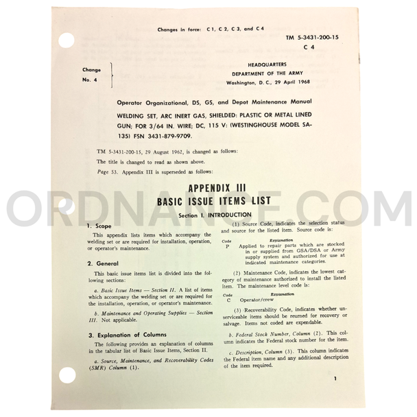 Technical Manual Change 4 (TM 5-3431-200-15) for Westinghouse Model SA-135 Arc Welding Set April 1968 FSN 3431-879-9709