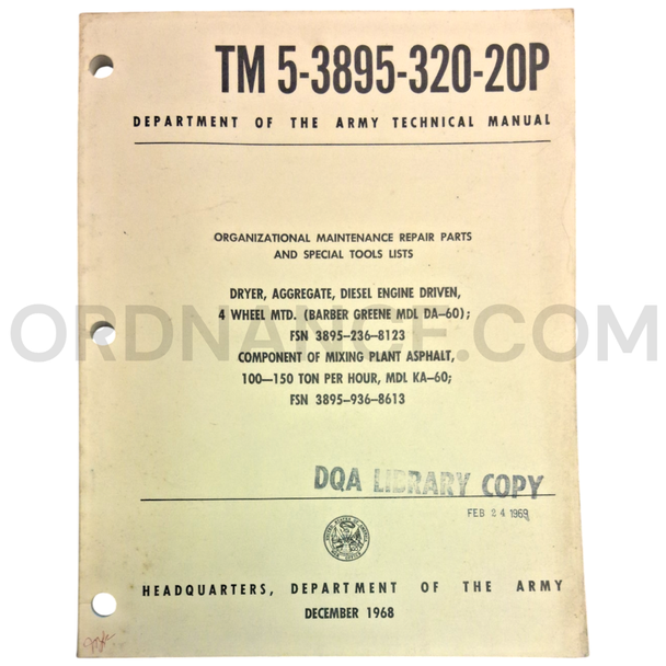 Technical Manual (TM 5-3895-320-20P) for Barber-Greene Model DA-60 Dryer December 1968 FSN 3895-236-8123