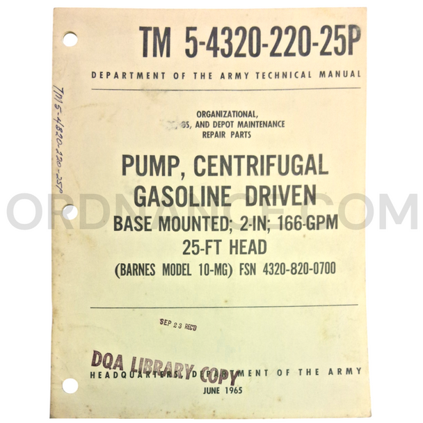 Technical Manual (TM 5-4320-220-25P) for Barnes Model 10-MG Centrifugal Pump June 1965 FSN 4320-820-0700