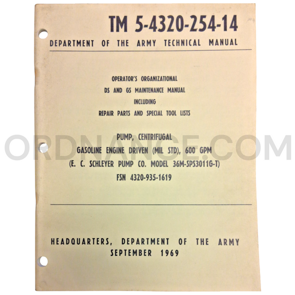 Technical Manual (TM 5-4320-254-14) for Schleyer Model 36M-SPS3011G-T Centrifugal Pump September 1969 FSN 4320-935-1619