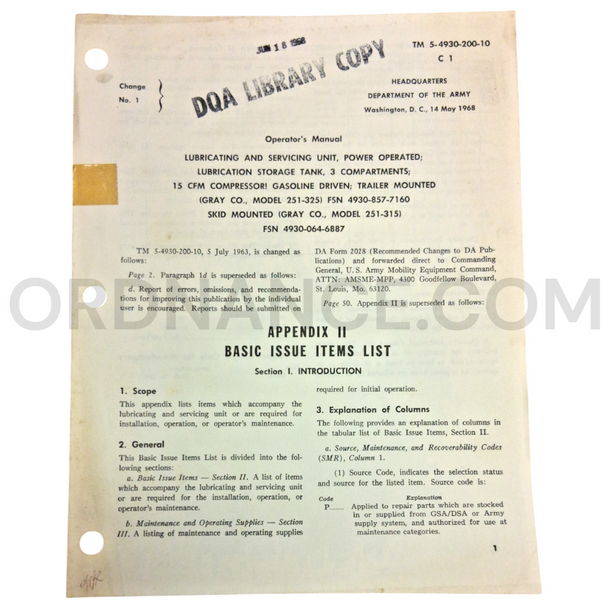 Technical Manual Change 1 (TM 5-4930-200-10) for Gray Model 251-325 Lubricating and Servicing Unit May 1968 FSN 4930-857-7160