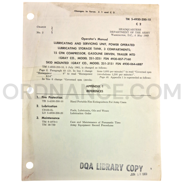 Technical Manual Change 2 (TM 5-4930-200-10) for Gray Model 251-325 Lubricating and Servicing Unit May 1969 FSN 4930-857-7160