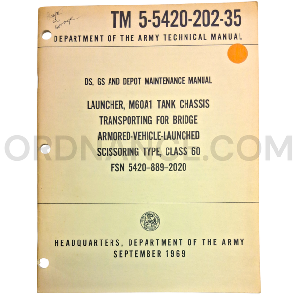 Technical Manual (TM 5-5420-202-35) for AVLB M60A1 Launcher September 1969 FSN 5420-889-2020