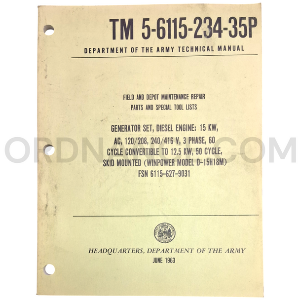 Technical Manual (TM 5-6115-234-35P) for Winpower Model D-15H18M Generator Set June 1963 FSN 6115-627-9031
