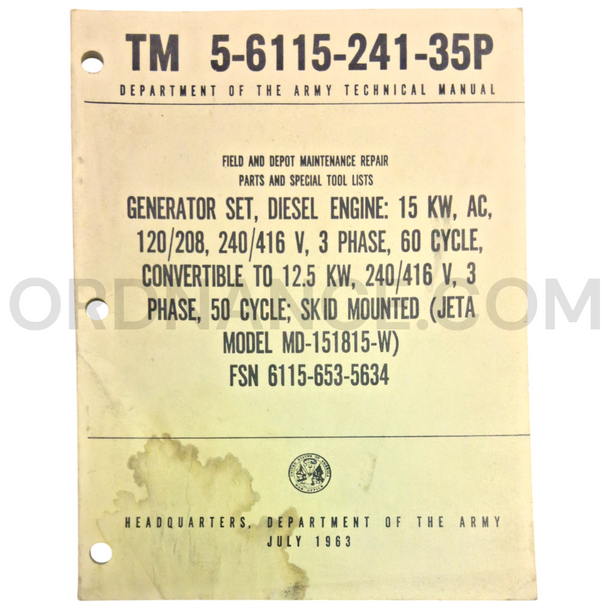 Technical Manual (TM 5-6115-241-35P) for Jeta Model MD-151815-W Generator Set July 1963 FSN 6115-653-5634