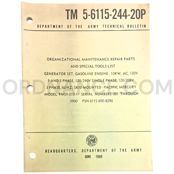 Technical Manual (TM 5-6115-244-20P) for Pacific Mercury Model PM59-010-1 Generator Set June 1969 FSN 6115-690-8290
