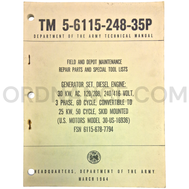 Technical Manual (TM 5-6115-248-35P) for U.S. Motors Model 30-US-16936 Generator Set March 1964 FSN 6115-678-7794