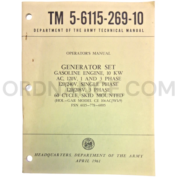 Technical Manual (TM 5-6115-269-10) for Hol-Gar Model CE 106AC/Wk9 Generator Set April 1961 FSN 6115-778-6005