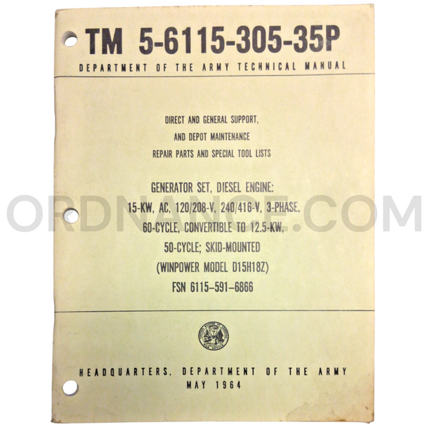 Technical Manual (TM 5-6115-305-35P) for Winpower Model D15H18Z Generator Set May 1964 FSN 6115-591-6866