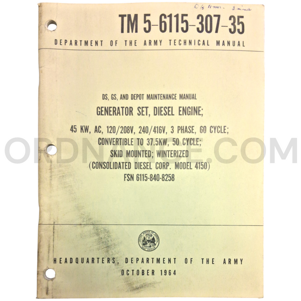 Technical Manual (TM 5-6115-307-35) for Consolidated Diesel Corp. Model 4150 Generator Set October 1964 FSN 6115-840-8258