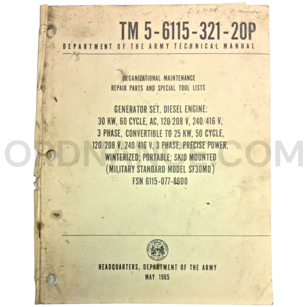 Technical Manual (TM 5-6115-321-20P) for MS Model SF30MD Generator Set May 1965 FSN 6115-077-8600