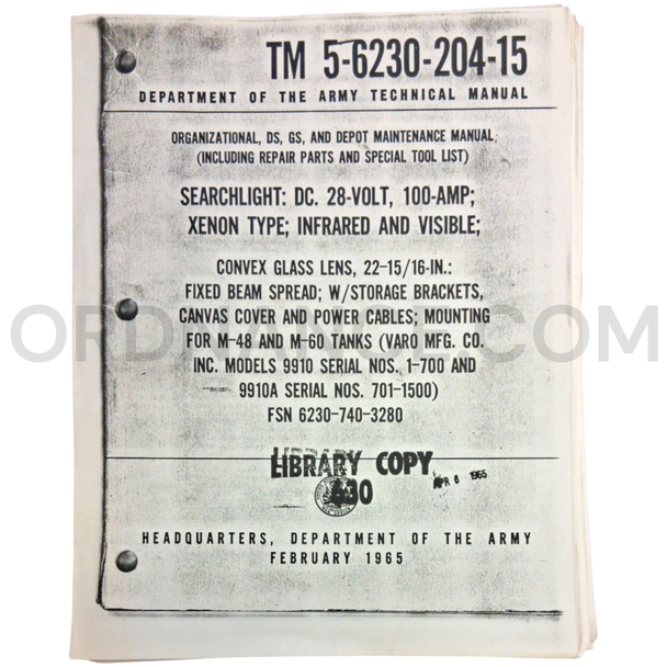 Technical Manual (TM 5-6230-204-15) for Varo Models 9910 and 9910A Searchlight February 1965 FSN 6230-740-3280