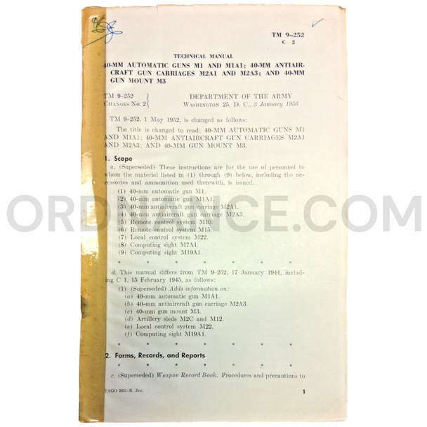Technical Manual Change 2 (TM 9-252) for 40mm Automatic Gun M1, Antiaircraft Gun Carriage M2A1, and Gun Mount M3 January 1956