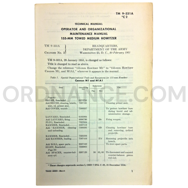 Technical Manual Change 2 (TM 9-331A) for 155mm M1 Howitzer and 155mm M1A1/M1A2 Howitzer Carriages February 1961