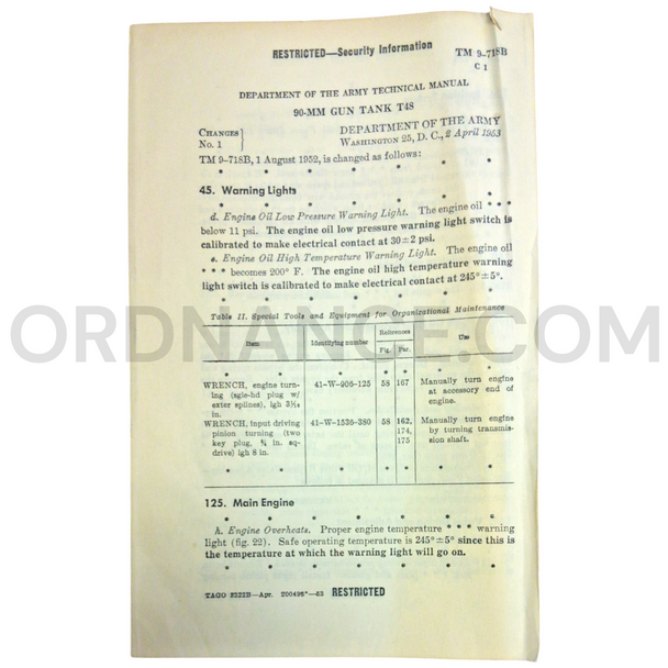 Technical Manual Change 1 (TM 9-718B) for 90mm T48 Gun Tank April 1953