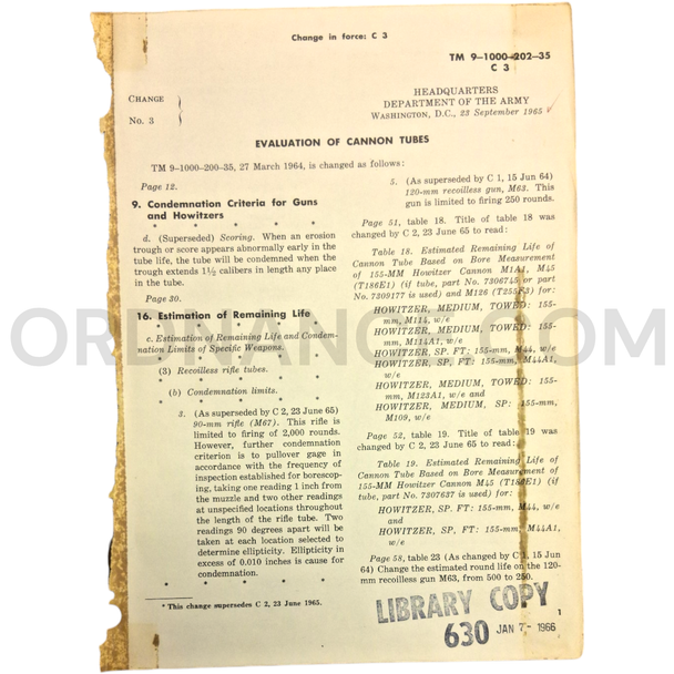 Technical Manual Change 3 (TM 9-1000-202-35) for Evaluation of Cannon Tubes September 1965