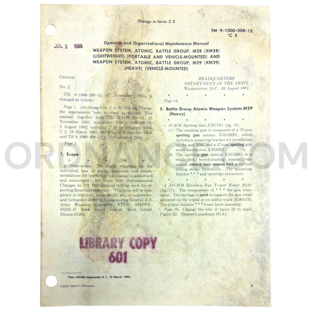Technical Manual Change 2 (TM 9-1000-209-12) for M28 and M29 Battle Group Atomic Weapon System August 1964