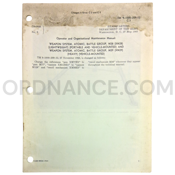 Technical Manual Change 3 (TM 9-1000-209-12) for M28 and M29 Battle Group Atomic Weapon System May 1965